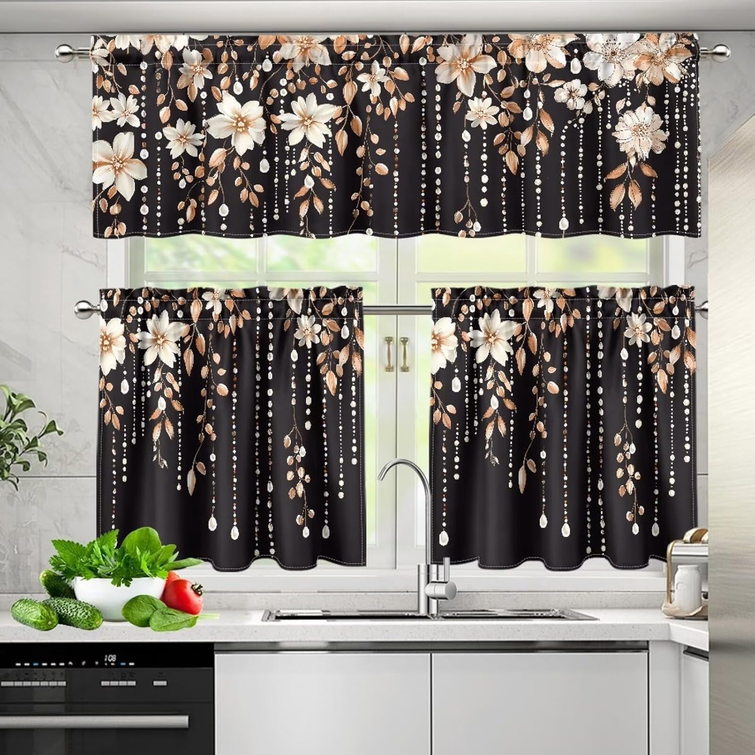 White Flower Beads Kitchen Curtain Valance and Tiers Set Kitchen Curtain Panels Kitchen Window Coverings Rod Pocket Window Tier Curtains Valance Set 3 Pcs Curtains Home Decor