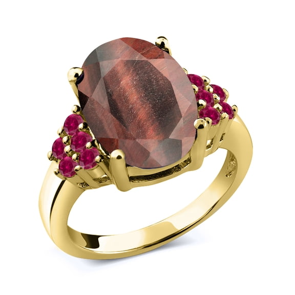 Gem Stone King 4.50 Ct Oval Red Tiger Eye Red Created Ruby 18K Yellow Gold Plated Silver Ring (Size 5)