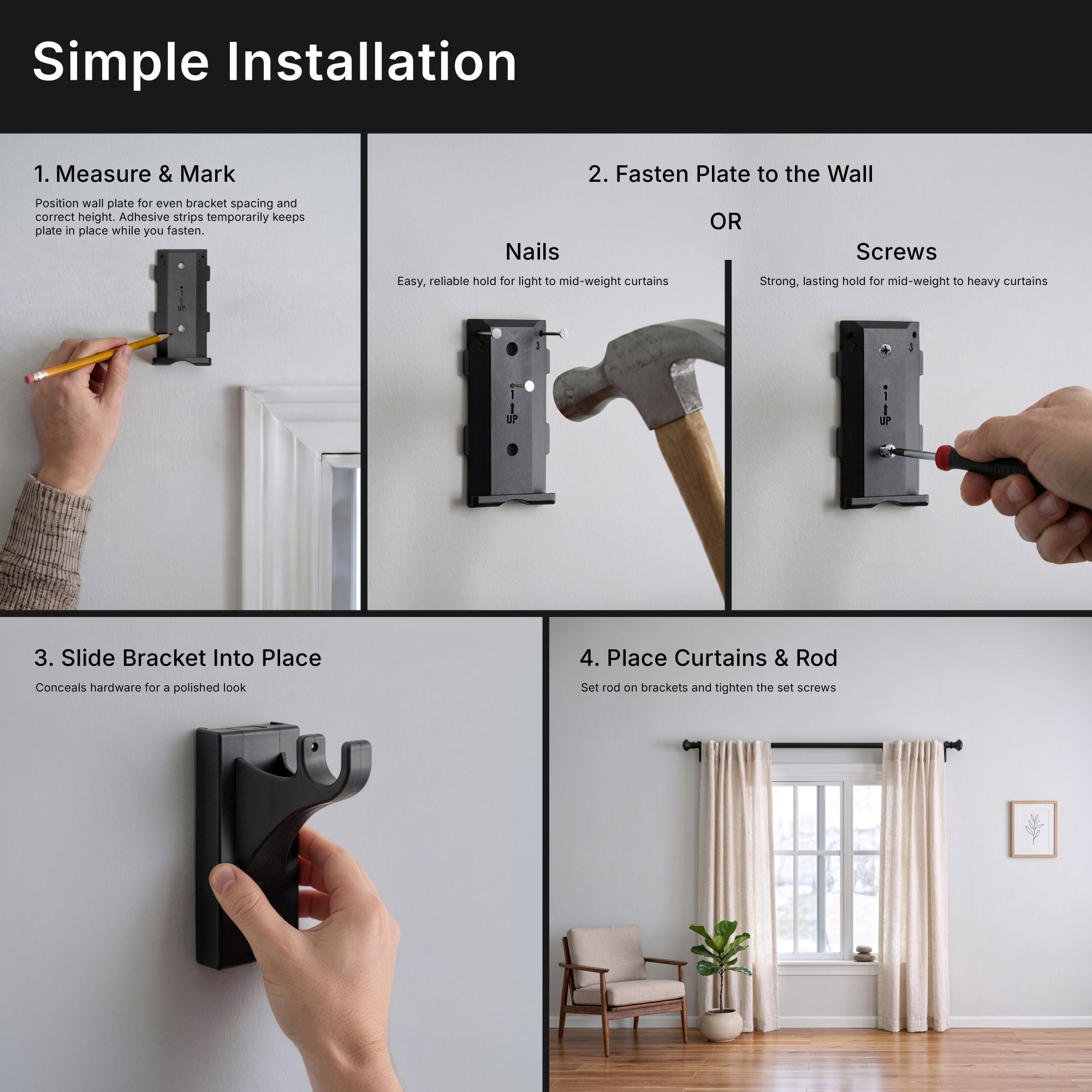Lumino 5/8" Easy Mount Collection Shannon Nickel Knob Adjustable Curtain Rod Set, 32-84"