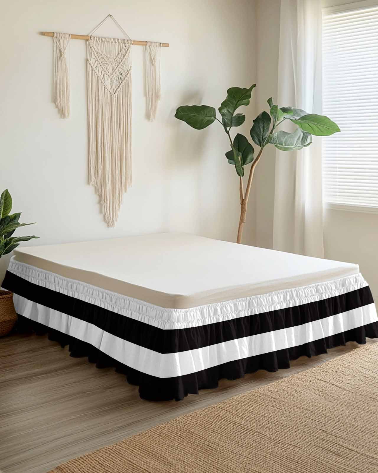 Black and White Stripe Pattern Bed Skirt Queen Size 16" Drop Simple Style Ruffled Wrap Around Bed Skirts Adjustable Elastic Bedskirt Dust Ruffle for Queen Size Bed