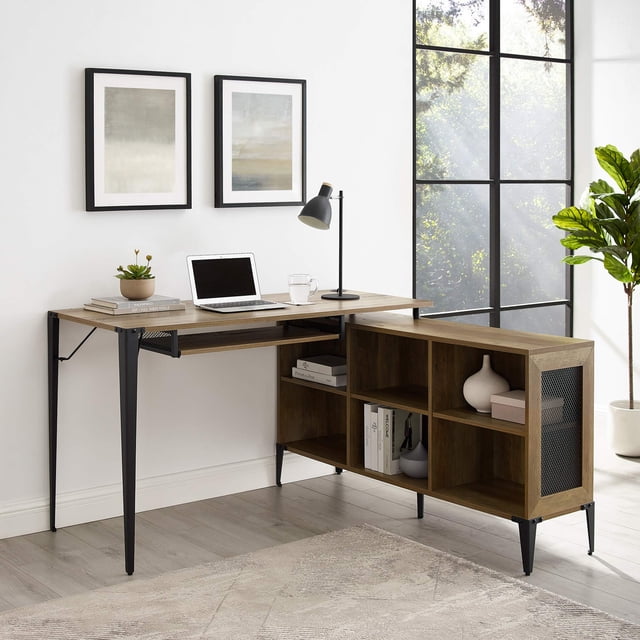 Walker Edison TAFT Urban Industrial Multi Level L Shaped Desk with Keyboard Tray, 52 in, Dark Walnut