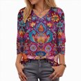 thumbnail image 4 of Towmus T Shirts for Women Loose Fit V Neck Ladies Tops 3/4 Length Boho Print Graphic Tees Lightweight Womens Blouse, 4 of 5