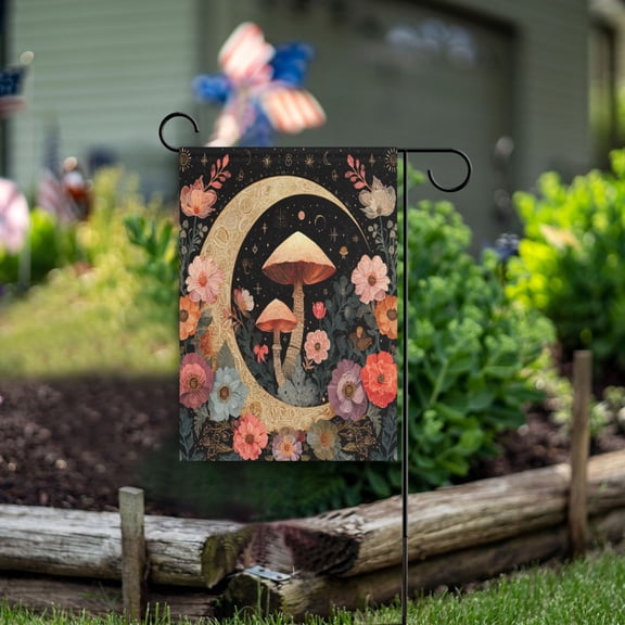 12x18 inch Double-Sided Garden Flags Banners Vibrant Outdoor Decor for House Patio Outdoor Mushroom and Crescent Moon