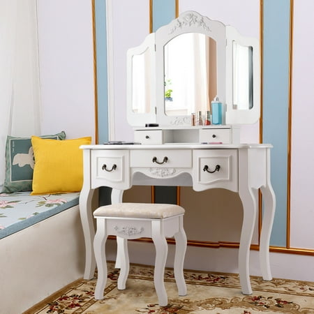 table vanity dressing makeup christmas drawers tri folding costway