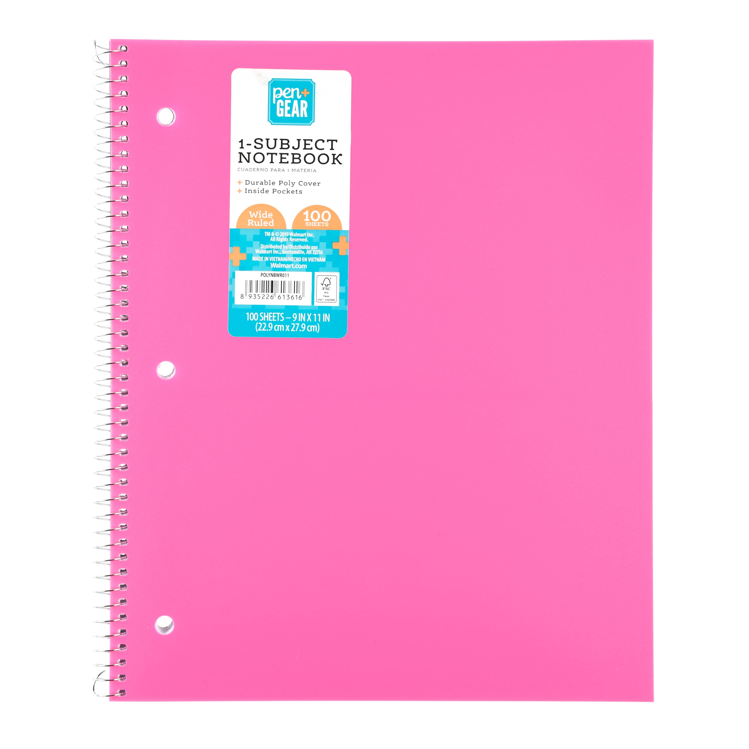Pen + Gear Poly 1Subject WideRuled Notebook, Pink, 9" x 11", 100 Sheets