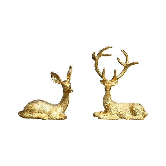 Gold Reindeer Figurines 2 Pcs - Small Golden Deer Statues for Home Decor, Handmade Metal Sculpture for Christmas Table, Living Room TV Cabinet Farmhouse Decor