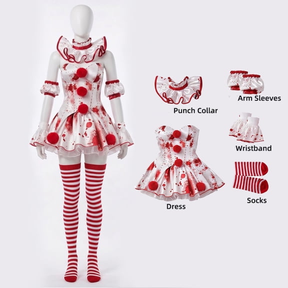Horror Clown Halloween Costumes for Women, Red and White Dress with Collar Sleeves Wrist Cuffs and Socks, Cosplay Costume for Movie Party