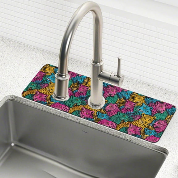 Yayeee Faucet Mat for Kitchen Sink 14.7" Diatomite Long Splash Guard Pad, Colorful Leopard Pattern