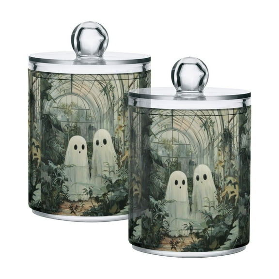 Yayeee 2 Pack Qtip Holder Bathroom Cotton Swab Canister with Lid Clear Dispenser Set, Ghosts Playing in A Garden
