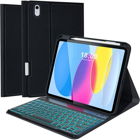 iPad 10th Generation Case with Keyboard 2022, 10.9 inch Keyboard Case with Pencil Holder, 7 Color Backlit Detachable Keyboard, Smart Folio, Auto Sleep/Wake Tablet Cover (Black)