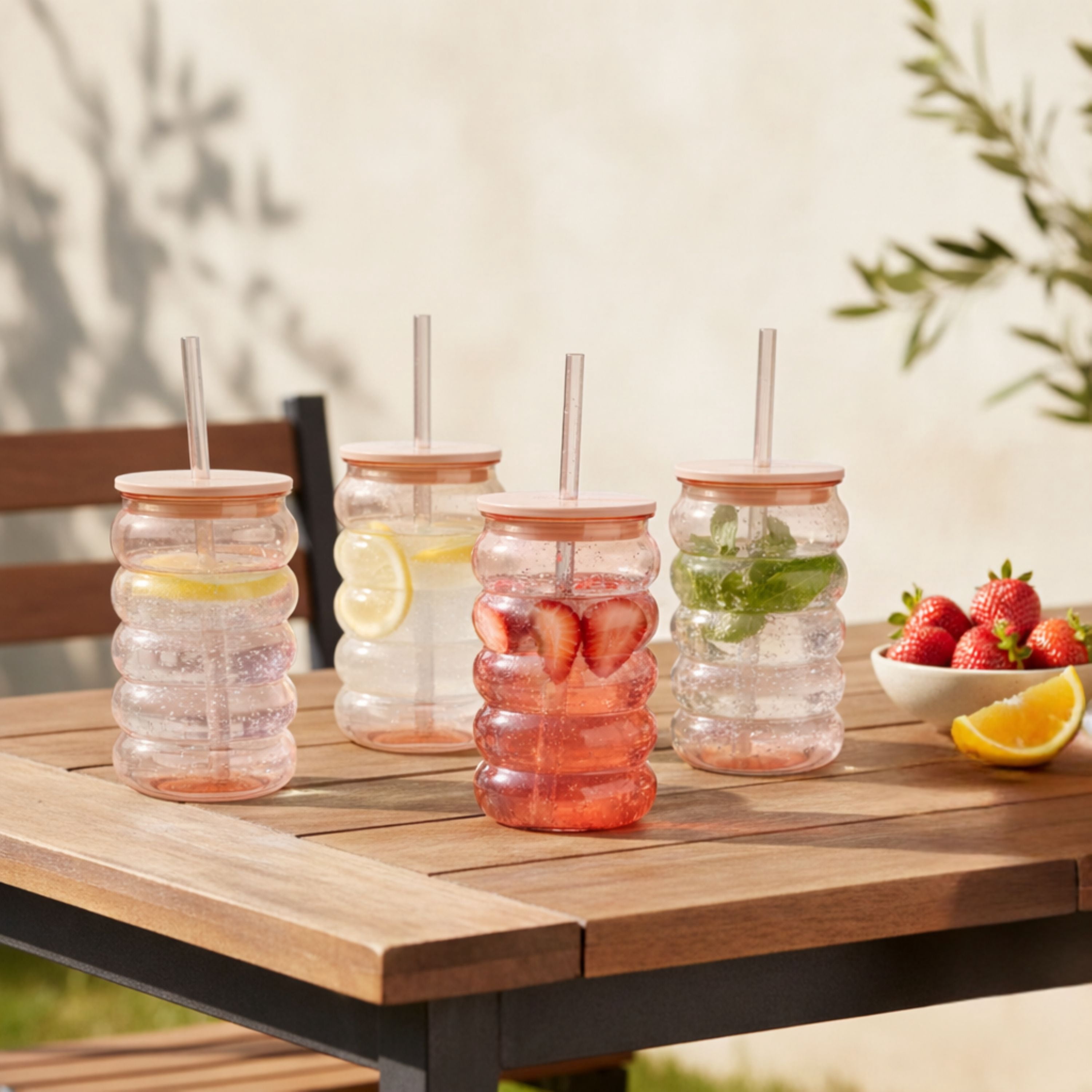 Just Feed Me by Jessie James Decker 4-Piece 18oz Bubble-Ribbed Tumbler with Straw, Pink