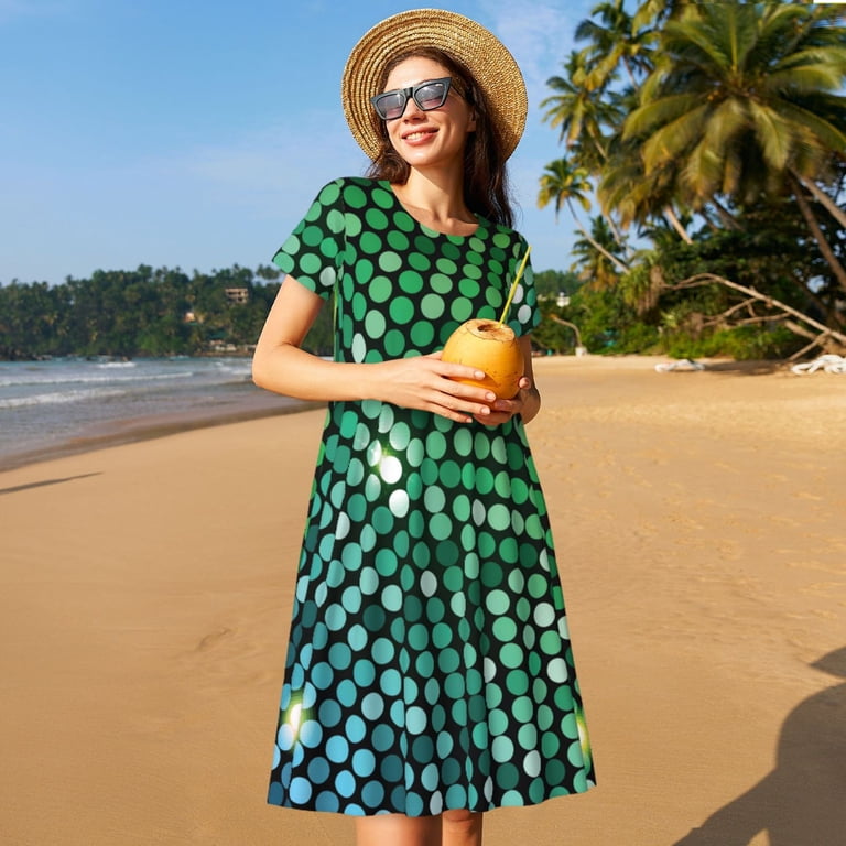 Goofa Green Disco Lights Pattern Women Summer Short Sleeve Midi Dress with  Pockets Casual Aline Flowy Tshirt Dress Vocation Beach Sundress