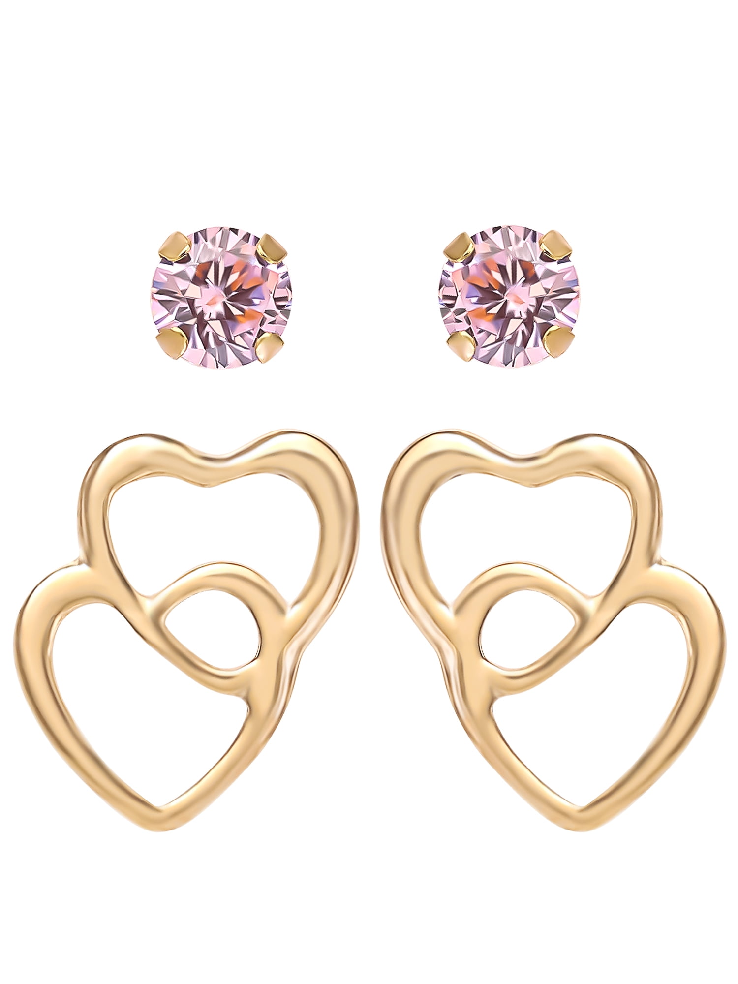 Brilliance Fine Jewelry Girl’s 14kt Yellow Gold Cubic Zirconia and Double Heart Stud Earring Set