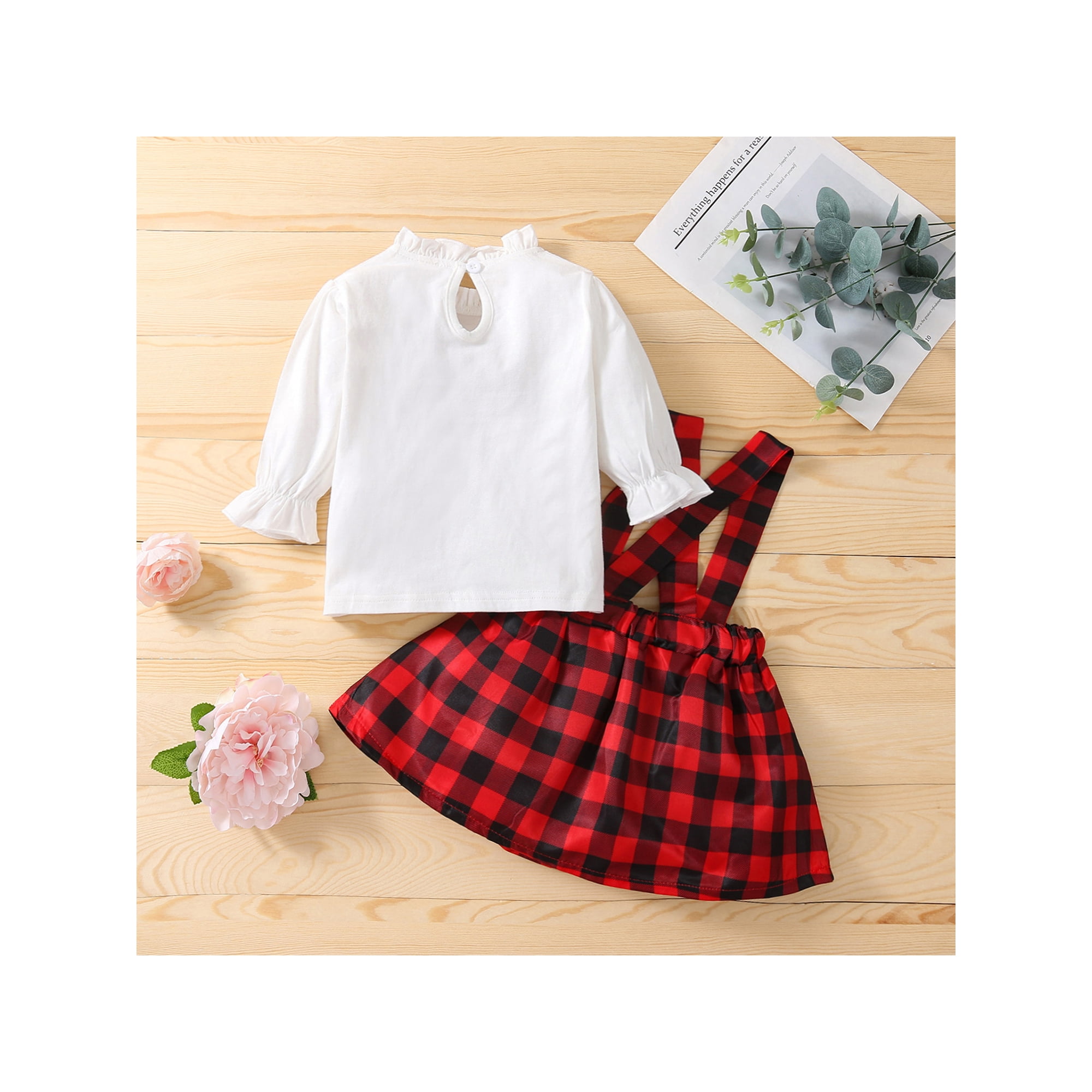 Mialoley Baby Girl s Ruffles Long Sleeve T shirt and Plaid Suspender Skirt Set Walmart