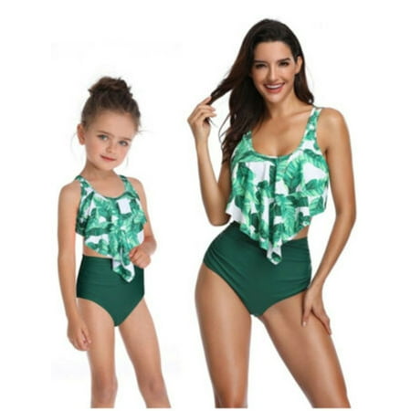 RSRZRCJ Family 2Pcs Bikini Set Mommy and Me Swimsuit  Sleeveless Tie Bra Ruffle Top+High Waist Triangle Panty Set