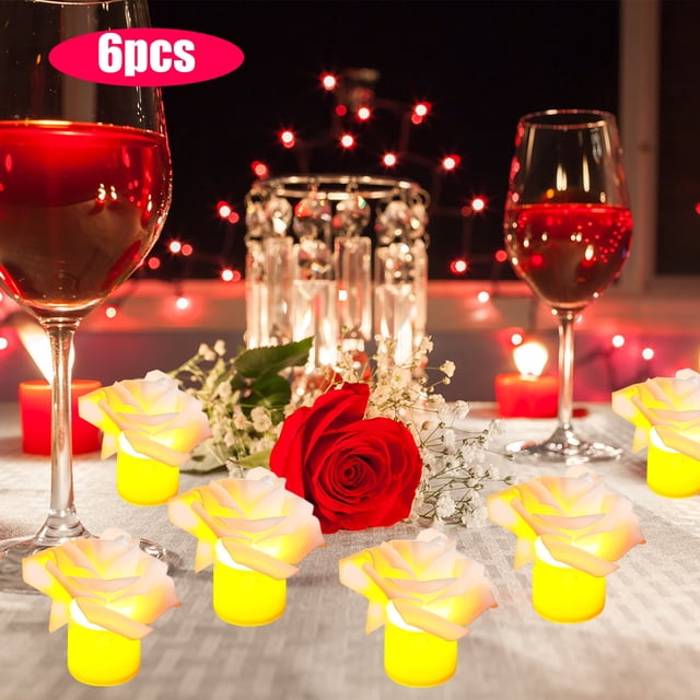 6-Pack Rose Electronic Candles Flameless LED Romantic Bedside Lights, Battery Operated Tea Lights for Proposals, Desktop Decor with Realistic Flicker Effect