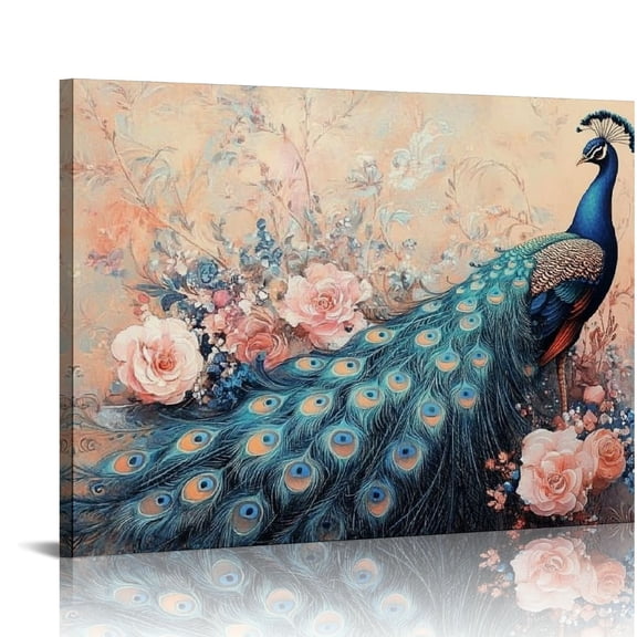 Patifu Peacock Wall Art, Peacock Paintings for Wall, Peacock Pictures Wall Decor for Living Room, Beautiful Flowers and Peacock, Peacock Canvas Wall Art Ready To Hang 20x16in