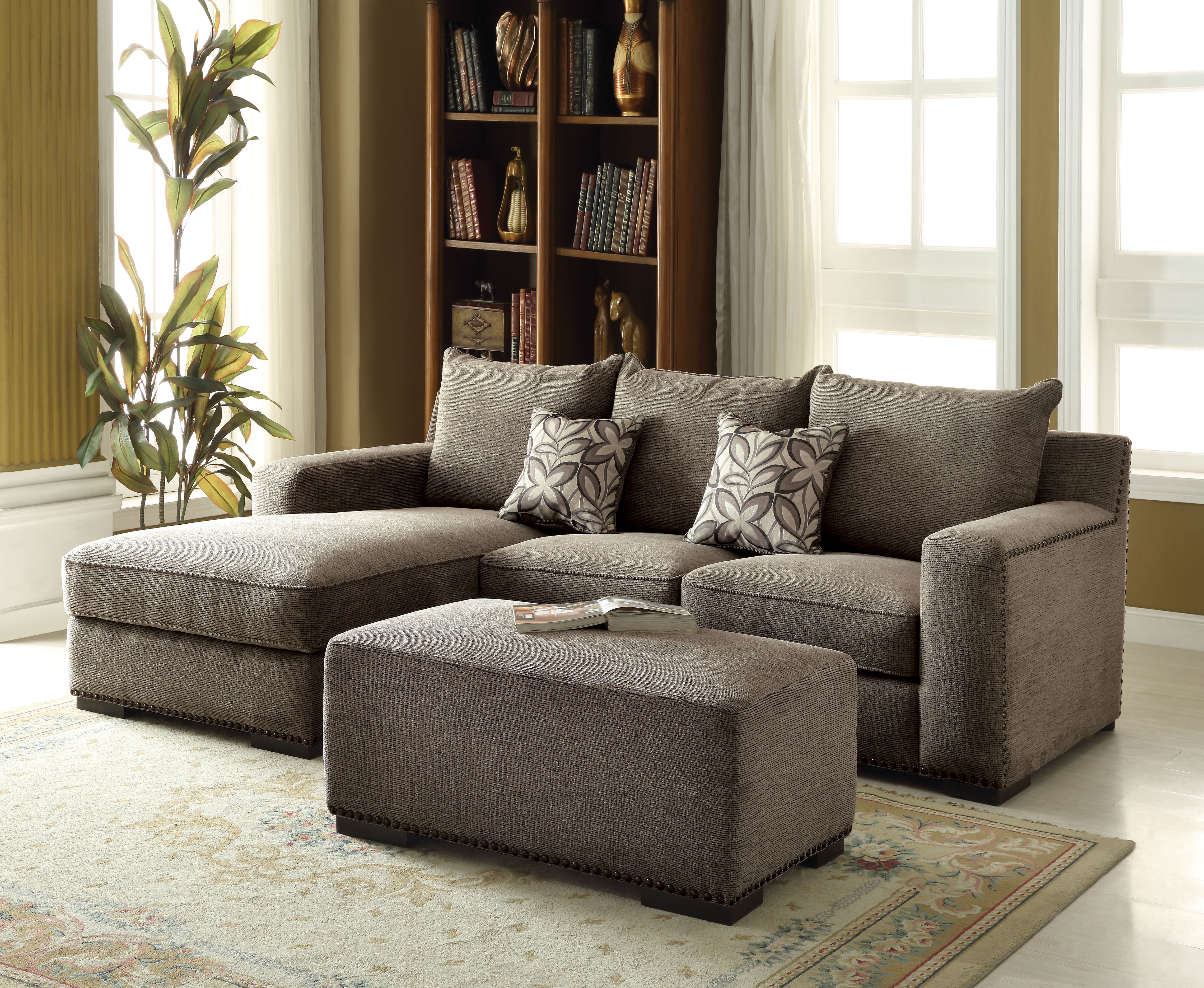 ACME Ushury Sectional  Sofa  with 2 Pillows Gray Chenille 