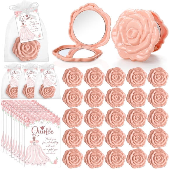 Wenqik 50 Sets Quinceanera Party Favors for Guests 50 Rose Design Compact Pocket Mirrors 50 Quinceanera Cards Thank You Gift and Organza Bags Sweet 15 Mis