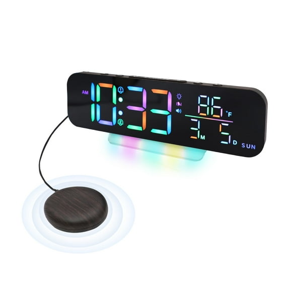 Bed Shaker Alarm - Loud for Hearing Impaired、Heavy Sleepers, with Flash & Large Display, Shows Week/Date/Temp (wood-grained)