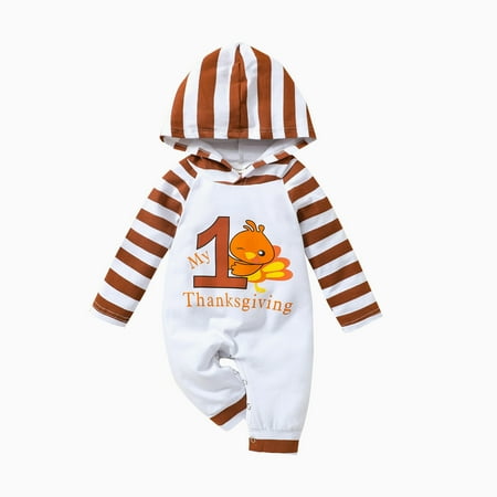 

Baby Girl Clothes Striped Thanksgiving Turkey Autumn Hooded Long Sleeve Romper Jumpsuit Boy Outfits