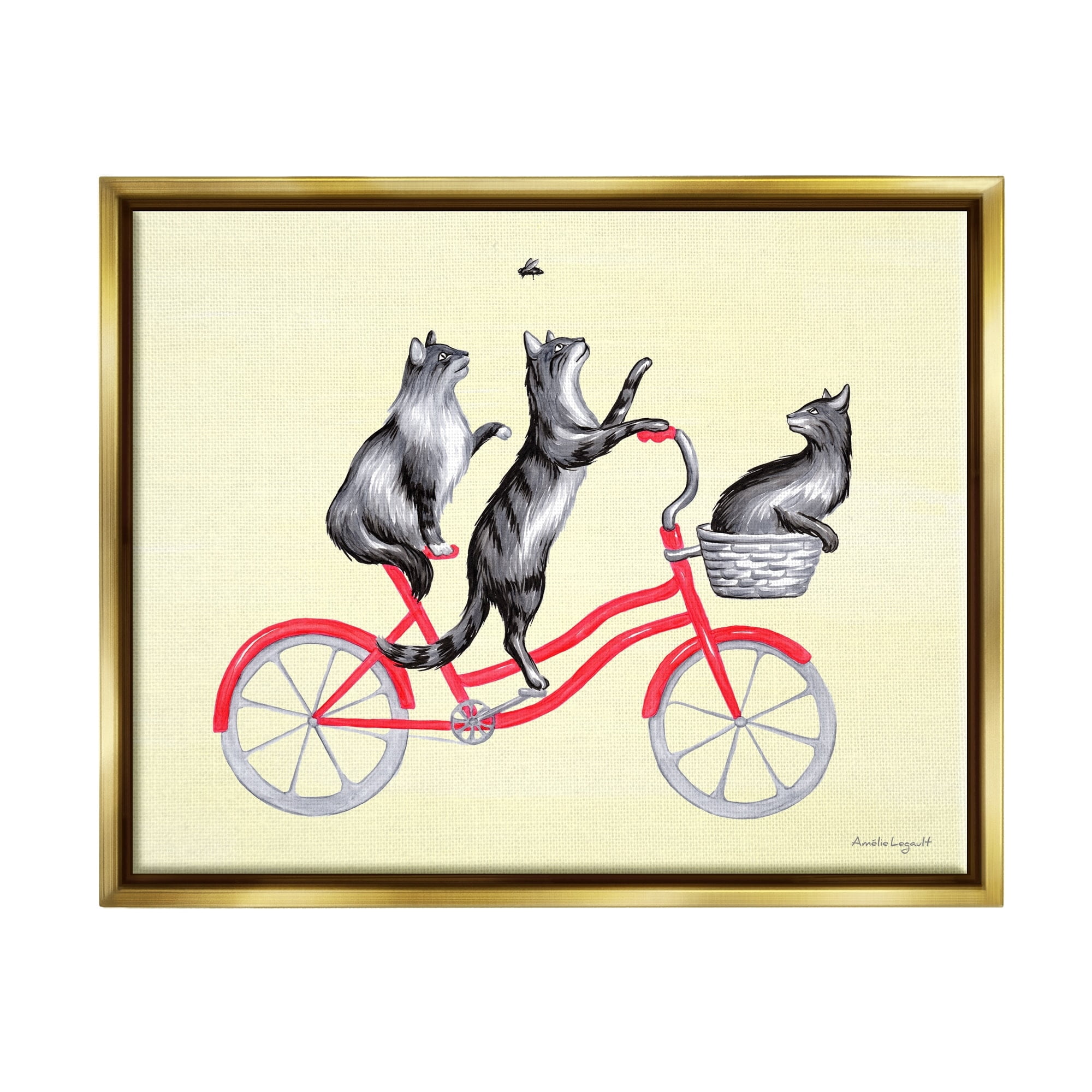 Stupell Industries Playful Cats Riding Red Bicycle Buzzing Bee Graphic Art Metallic Gold Floating Framed Canvas Print Wall Art, Design by Amelie Legault