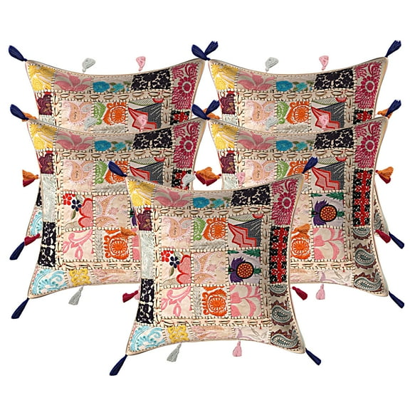 Stylo Culture Ethnic Settee Sofa Throw Pillow Covers 17 x 17 Embroidered Patchwork Cowry Sea Shell Tassels White Bohemian 43 x 43 cm Bedroom Cotton Floral Square Cushion Covers | Set Of 5