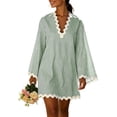 thumbnail image 2 of Neewe Women's Summer Plain Dress Long Sleeve Lace V Neck Shirt Mini Dresses 2026 Trendy with Lace Hem, 2 of 8