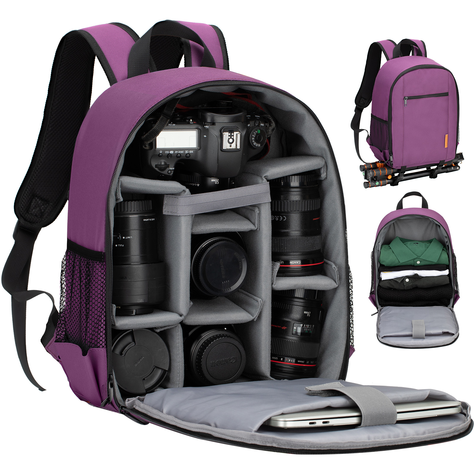 TARION Camera Bag Professional Camera Backpack Case with Laptop Compartment Waterproof Rain Cover for DSLR SLR Mirrorless Camera Lens Tripod Photography Backpack for Women Men Photographer Purple TB-S