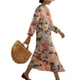 thumbnail image 3 of COEQINE Comfort Plus Size Dress 3/4 Sleeve Wrap V Neck Linen-Like Midi Tunic Dress for Women, Flowy Loose Fit Loungewear 1X 2X 3X 4X, Easy Care, Size 2XL, Vintage Floral Bird Pink, 3 of 6