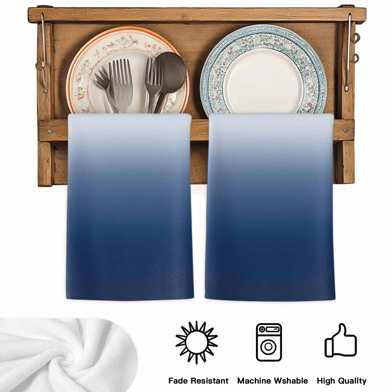 Navy Blue Ombre Kitchen Towels Set of 3, Modern Abstract Art Gradient Aesthetics Absorbent Dish Towels for Kitchen, Microfiber Hand Towel, Quick Drying Tea Towel for Cleaning Decorative Dishcloths