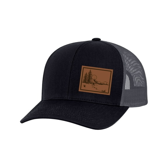 Men's Scenic Mountain View Outoors Laser Engraved Leather Patch Mesh Back Trucker Hat, Black/Black