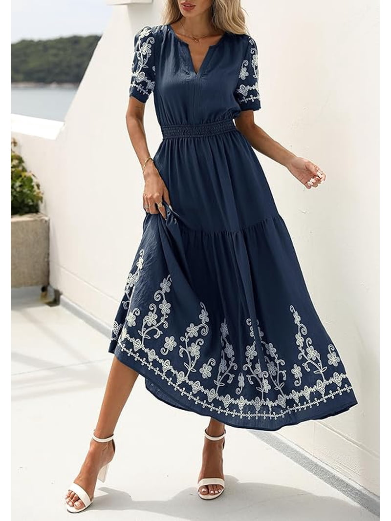 PRETTYGARDEN Women's Summer Boho Maxi Dress Spring Floral Short Sleeve V Neck A Line Flowy Beach Wedding Guest Dresses