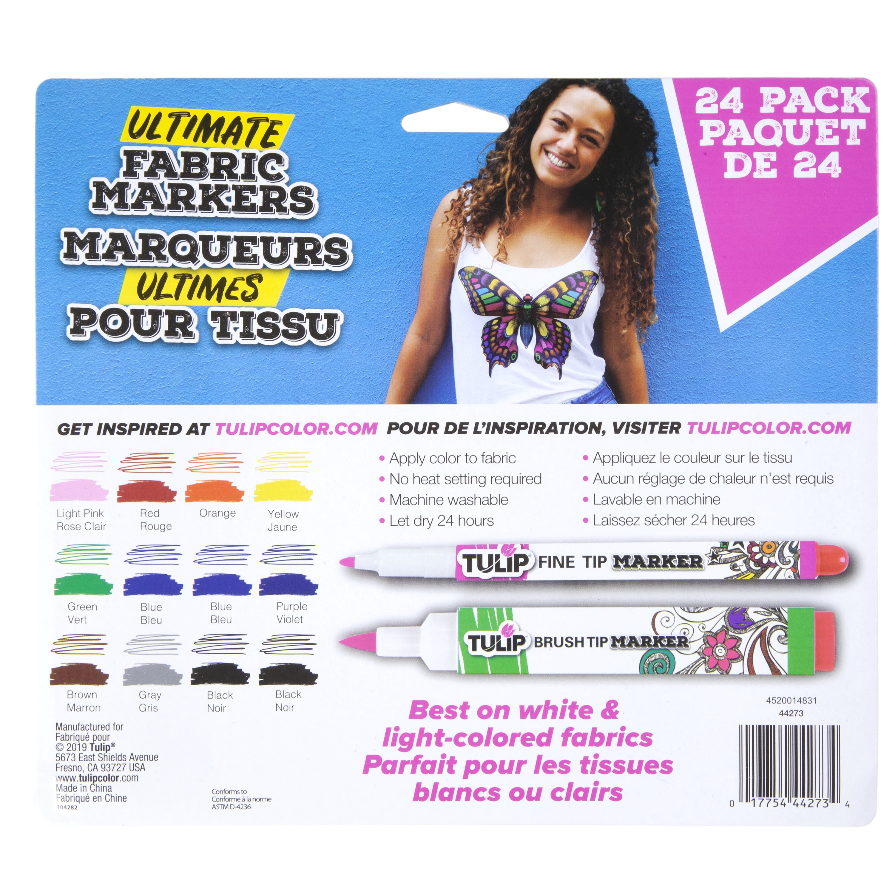 Tulip Fine Tip & Brush Tip Fabric Markers Ultimate Rainbow 24-Pack - Permanent Fabric Pen Set