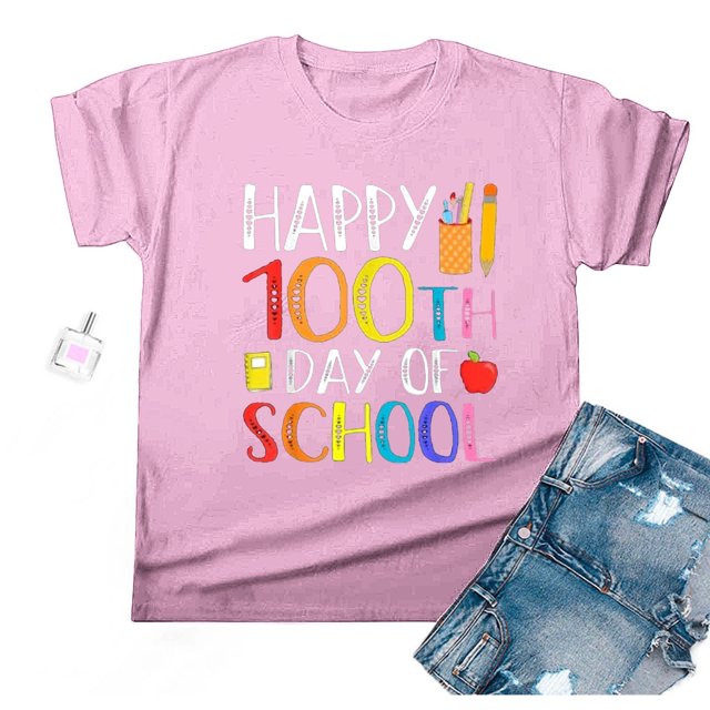 Fiudx Ofertas y Liquidaciones Camiseta Escolar para Mujer, Camiseta de Profesora de 100 Días, Camiseta Feliz de 100 Días, Impresión de Letras, Enseñanza, Manga Corta