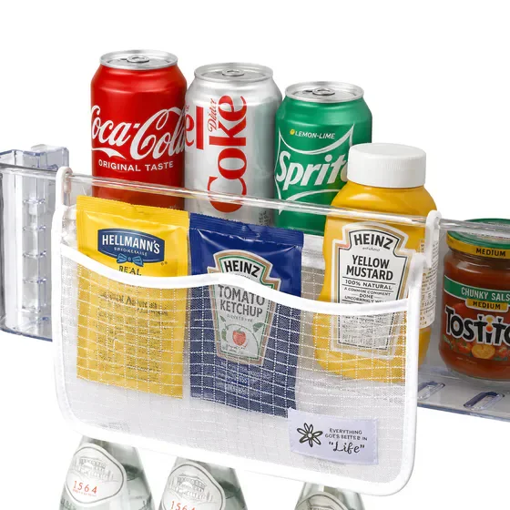 4 Pack Refrigerator Door Organizer Mesh Storage Bags, Hanging Fridge Side Door Organizer for Small Seasoning Packets & Household Sundries, Versatile Cabinet Door Storage Caddy