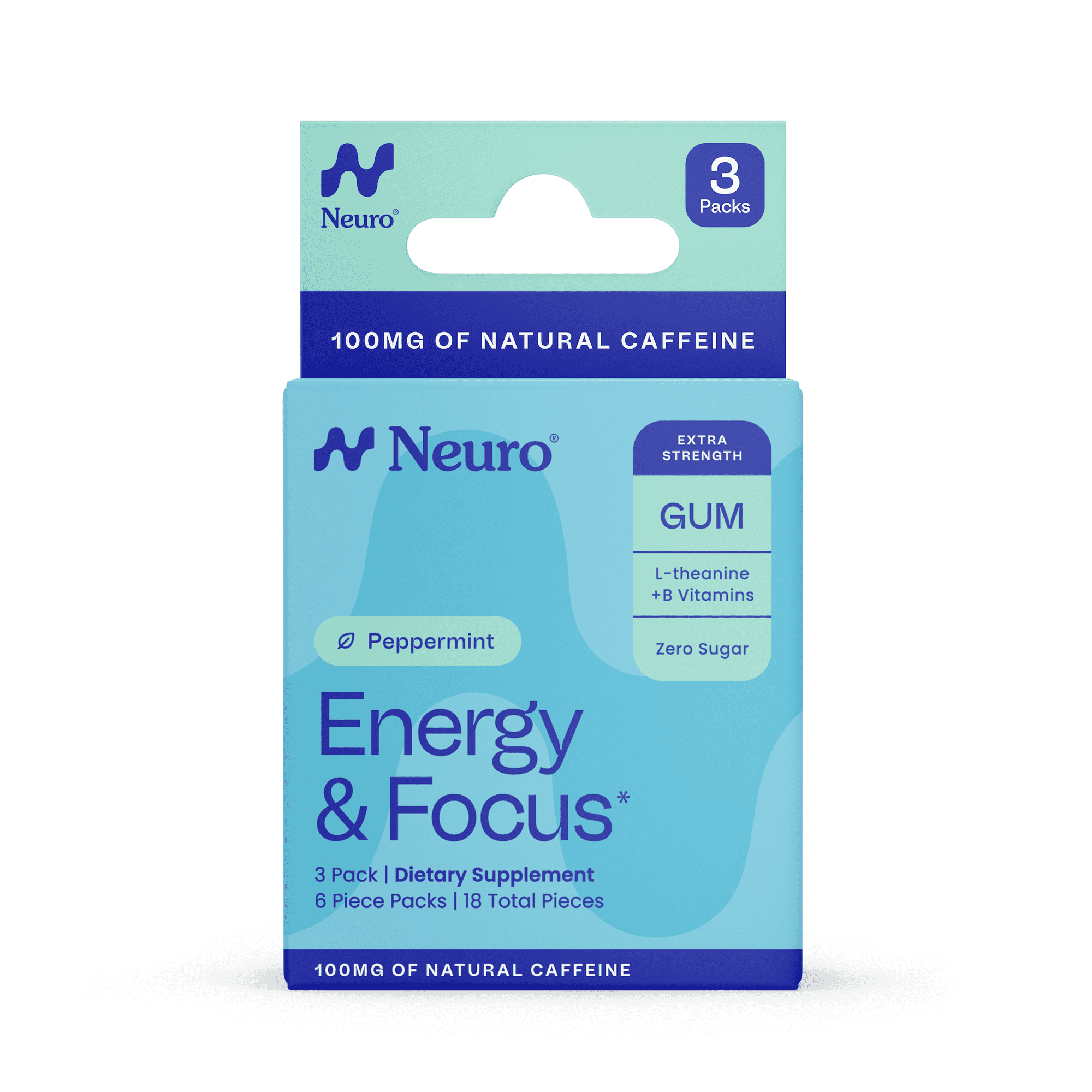 Neuro Energy & Focus Extra Strength Peppermint Gum 3-pack, 40mg Natural Caffeine Gum & Nootropic Energy Supplement with L-Theanine & B Vitamins - Sugar Free, Vegan, 18 Piece count