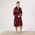 thumbnail image 3 of Defitshape Men's Long Sleeve Robe Pajama Shorts Bathrobe Boxer Shorts Lounge Set Satin 2 Piece Soft Summer Lightweight Cool Thin Pj Set Rouge Noir Large, 3 of 3