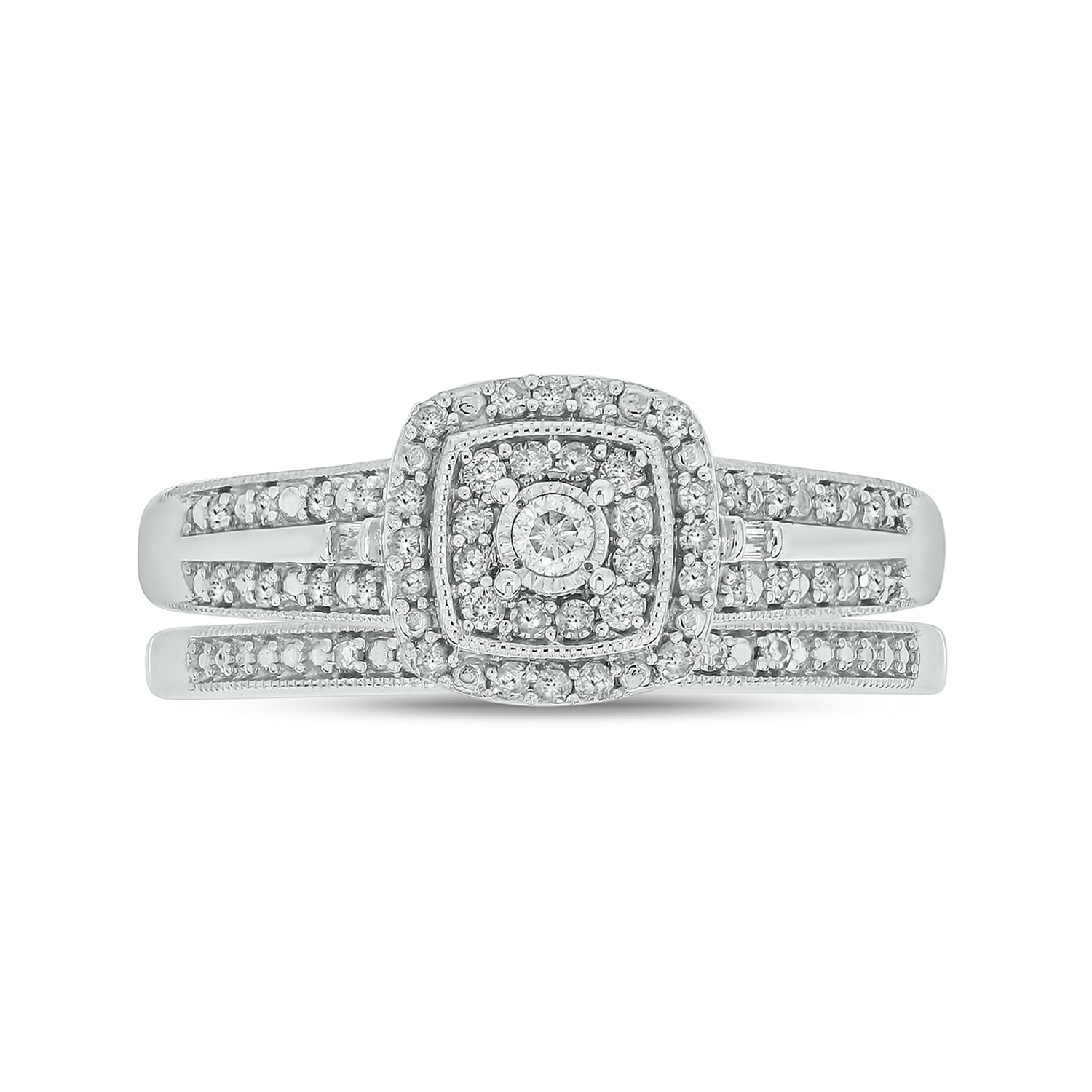 1/3cttw Diamond Square Halo Engagement Ring with Matching Diamond Wedding Band for Women in 925 Sterling Silver, Women's Silver Square Wedding Ring Set with Halo and Diamond Accented Bands