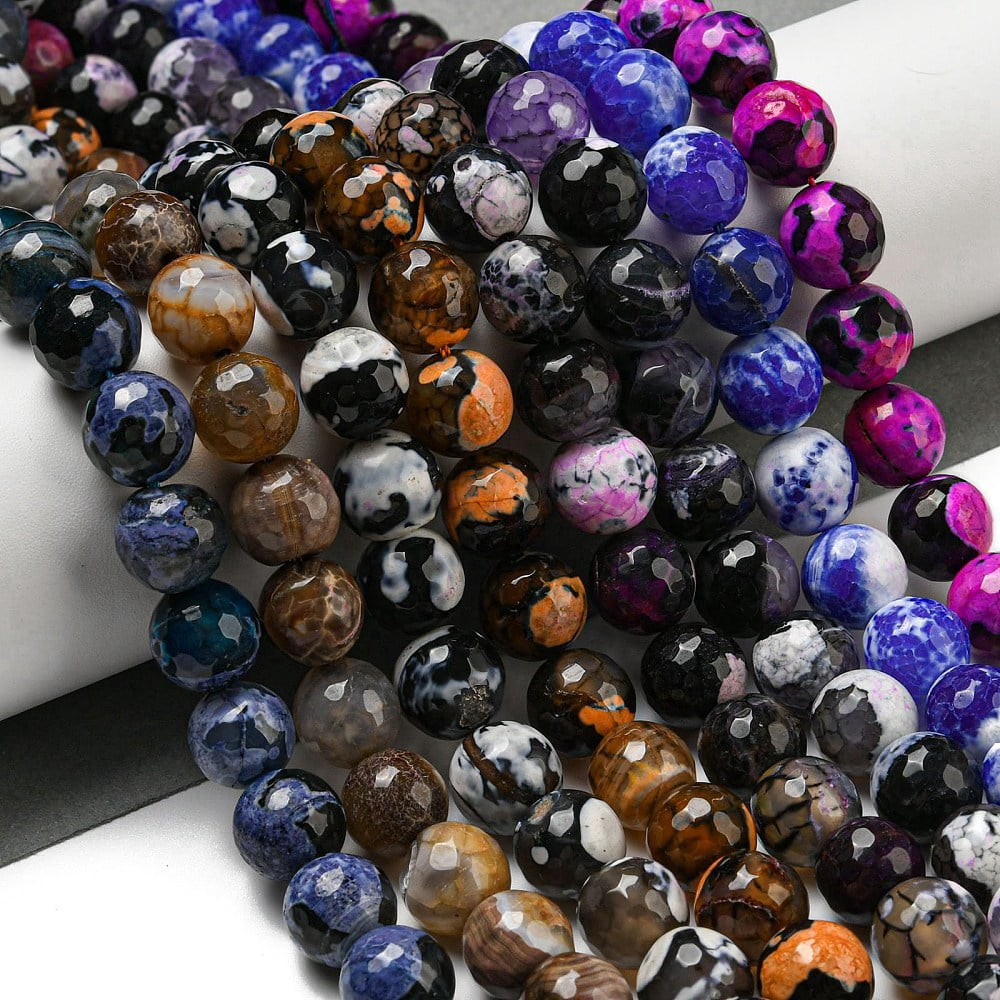 Faceted Natural Fire Crackle Agate Beads Strands Round Dyed & Heated Mixed color 12mm Hole: 1.6mm 31pcs/strand 14.76''(37.5cm) Fire Crackle Agate