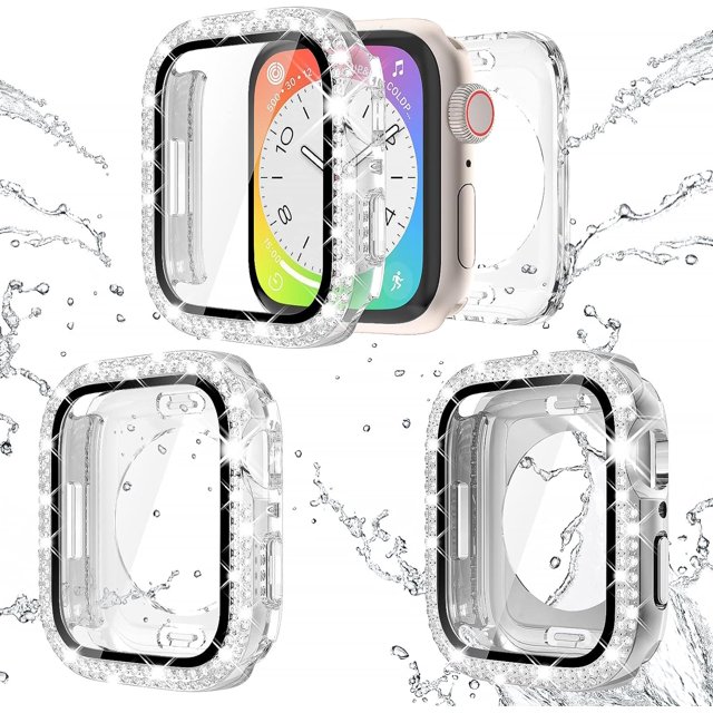 GHSDFBB 2-Pack Bling Waterproof Apple Watch Cases with Screen Protector 45mm Series 8 7 for Women, Glitter Diamond Rhinestone Bumper Face Cover for iWatch Accessories-Silver+Clear