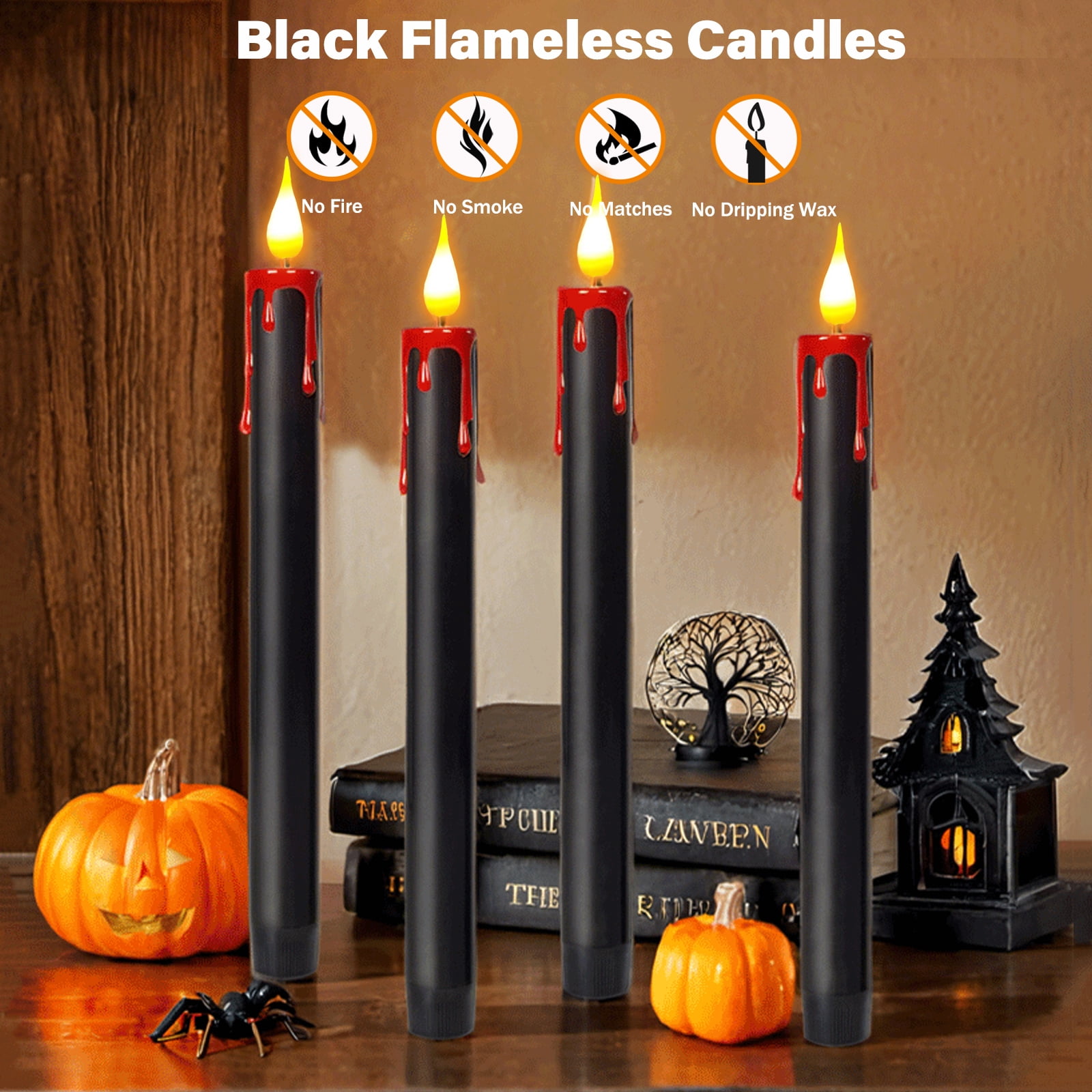 Black Flameless Candles, 6 Pcs 9.8" Flickering Halloween Taper Candles with Remote & Timer, Dimmable LED Candles Battery Operated, Electric Candle Sticks for Party Halloween Decor