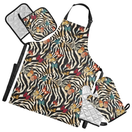 Butterflies on Zebra 5 Pcs Kitchen Set Heat Resistant Oven Mitts and Non-Slip Pot Holders with Adjustable Cooking Apron