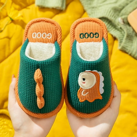 

CHAOLEI Kids Shoes House Slippers Bedroom Home Slippers Cartoon Dinosaur Cotton Slippers Winter Indoor Outdoor Slippers For Boys Girls -Green 3.5-4 Years