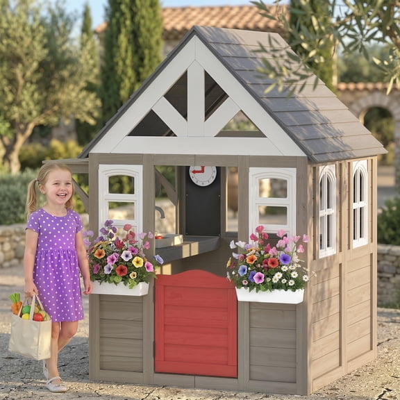 Qaba Outdoor Playhouse, Wooden Kids Playhouse with Dog Door, Flower Box, Cookware & Window for Garden, Indoor Playroom Imaginative Play for Ages 2