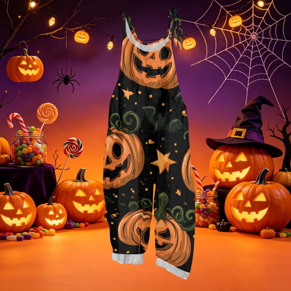 Stralyhd Halloween Womens Overalls Halloween Holiday Sleeveless Jumpsuit Festival Gathering Jumpsuits with Pockets Spooky Horror Print Long Pants Black 3XL