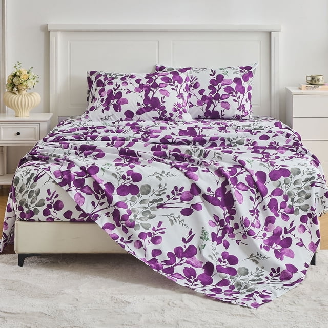 HITIME Juego de Sábanas Tamaño Queen 4 Piezas Incluye 1 Sábana Plana, 1 Ajustable & 2 Funda de Almohada, Suave Transpirable Microfibra de Poliéster, Diseño Estampado Moderno Fresco y Transpirable