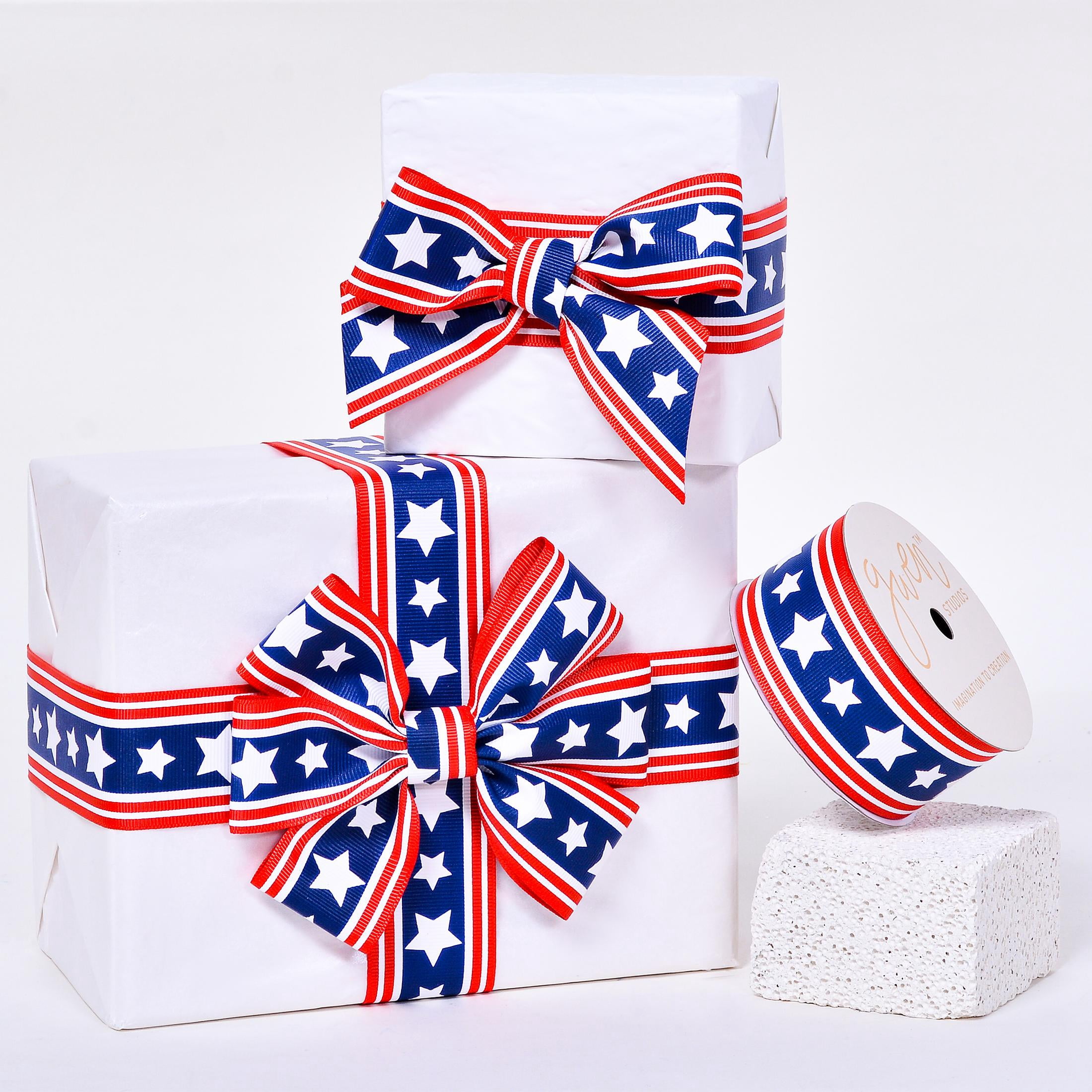 Gwen Studios 1.5" Patriotic Red, White, and Blue Stars and Stripes Grosgrain Ribbon, 3 Yards