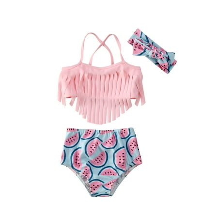 

Baby Girl 3 Pieces Bikini Sets Tassel Sling Crop Tops + Watermelon Printed Shorts + Headband Swimsuits Outfit
