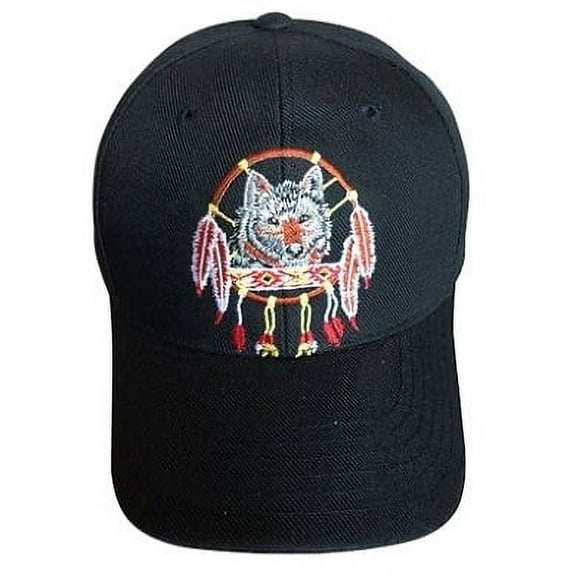 Wolf & Dream Catcher Embroidered Baseball Caps - Black Color Uni-Sex Style  -- FREE USA Shipping--(CapNp150b)